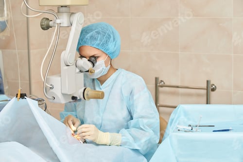 Preview: Ophthalmology laser microscope operation. Doctor in clinic. Patient eye