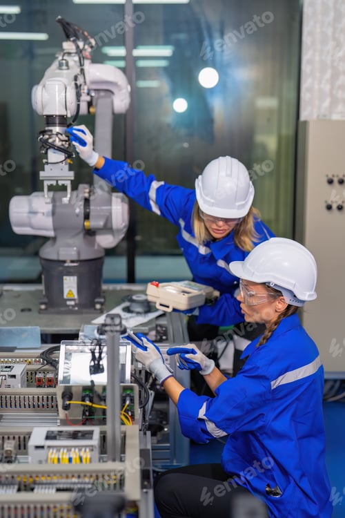Preview: Female robotic factory workers use tablet pc quality checking Circuit Boards after assembly