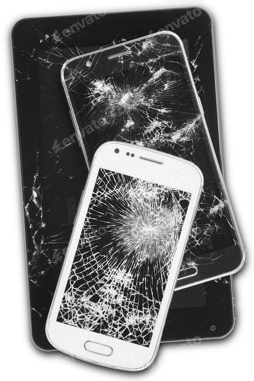 Preview: Smartphones and tablet with damaged screens isolated on white. Devices