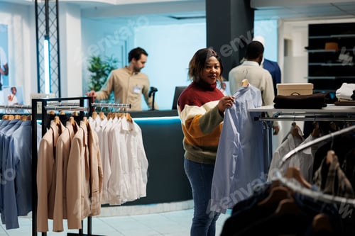 Preview: Woman holding shirt on rack in store