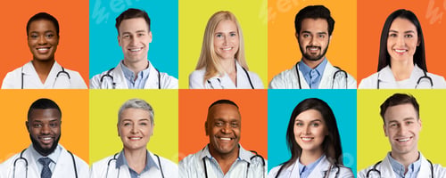 Preview: Portraits Of Multiethnic Successful Doctors Over Different Colorful Backgrounds, Collage