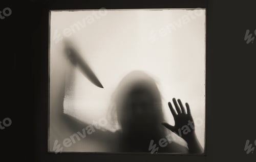 Preview: Woman killer with a knife in her hand. Creepy background