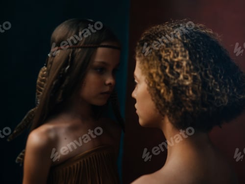 Preview: Beautiful girl with a feather in her hair and woman aborigines red background family Indian tribe