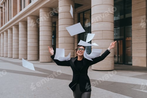 Preview: Happy American female lawyer in business suit throwing up in the air sheets of paper, smiles wide