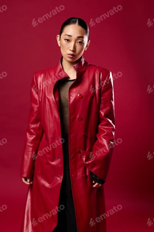Preview: Asian woman, red leather coat, black pants, posing against red background fashion beauty concept