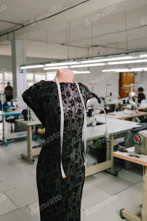 Preview: On mannequin, designer makes adjustments and hems dress, ensuring accurate garment tailoring.