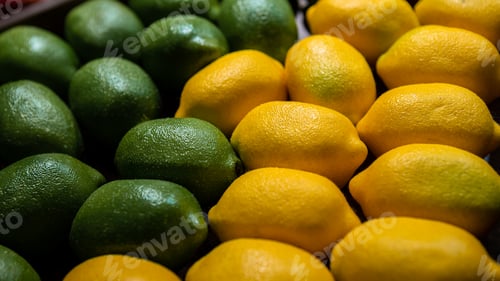 Preview: Fresh lime and lemons background on market counter. Organic lemon on supermarket