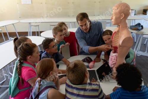 Preview: Male teacher using an human anatomy model to teach