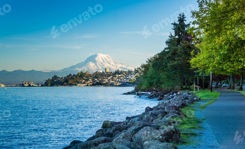 Preview: A View Of Mount Rainier And The Shoreline In Ruston, Washington.
