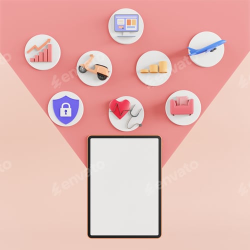 Preview: Mobile phone on pastel background with 3d graphics.