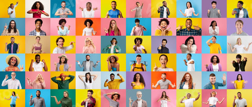 Preview: Cheerful surprised happy excited millennial and adult multiethnic people gesticulate, laugh and show