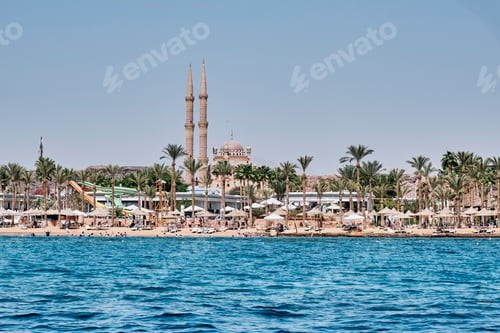 Preview: View from Red Sea to Sharm El Maya Beach and El Sahaba Mosque. Sharm El Sheikh, Egypt