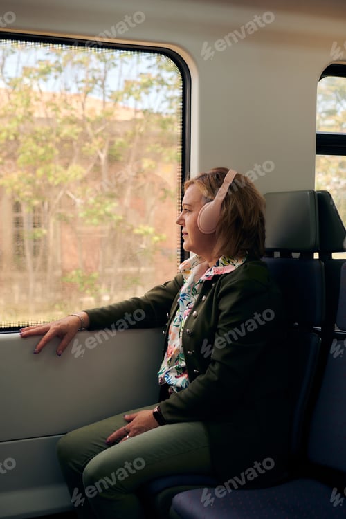 Preview: Woman with a headphones looks out the window on a train