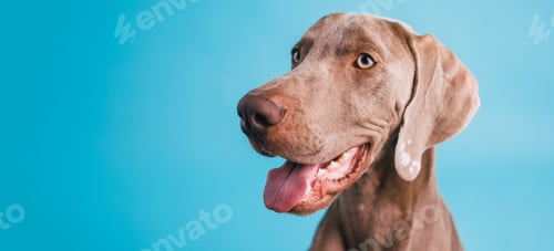 Preview: Weimaraner dog looking happy on blue background