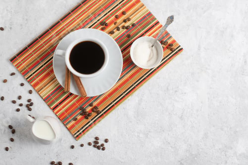 Preview: Top View of Coffee With Coffee Beans, Sugar and Cream on Light Background With Copy Space