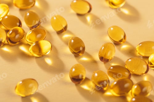 Preview: Little oil filled yellow softgels capsules of food supplements