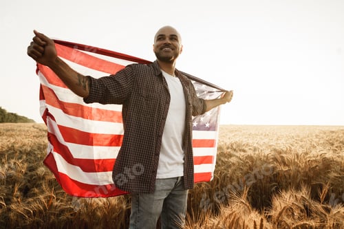 Preview: African american young man holding USA national flag through wheat field