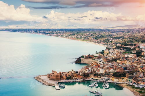 Preview: Spring panorama of sea coast city Trapany. Sicily, Italy, Europe