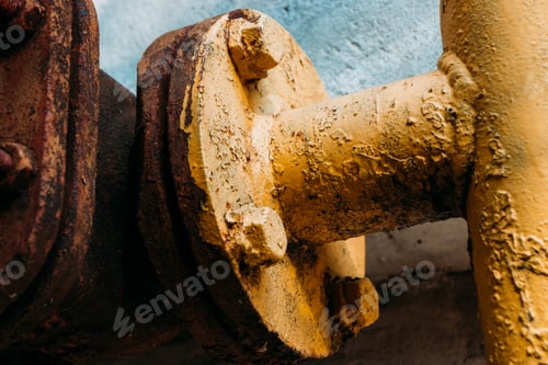 Preview: An Old Rusty Gas Control Valve On The Wall. Industrial Valve In A Large System. Rusty Pipes. Old