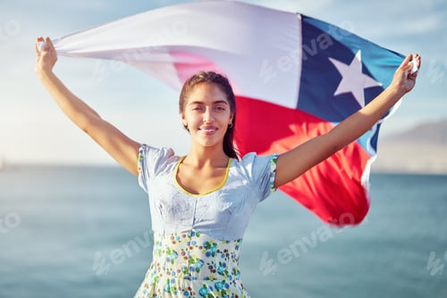 Preview: Generated woman holding a flag of Chile above his head wearing national costume