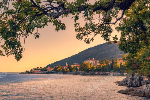 Preview: Lovran, famous travel destination town in Kvarner gulf of Adriatic sea in Croatia, in sunset