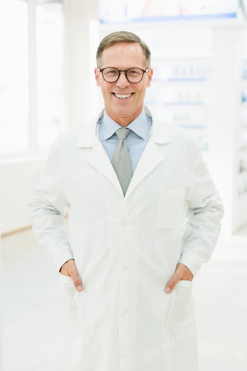 Preview: Chemist pharmacist druggist in white medical coat looking at camera in pharmacy drugstore