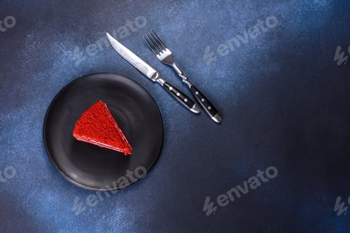 Preview: Red velvet cake, classic three layered cake from red butter sponge cakes with cream