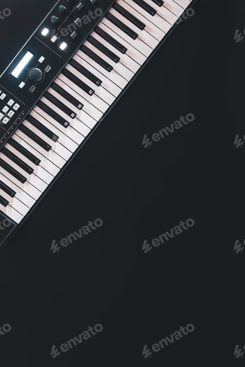 Preview: Piano keys, synthesizer on a black background, flat lay.