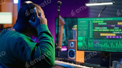 Preview: Musician playing piano keys and editing to improve sound quality of recordings