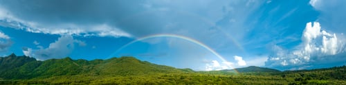 Preview: Rainbow on Sky in the mountains, Panorama of flying in a Nature rainbow in the rain, aerial view