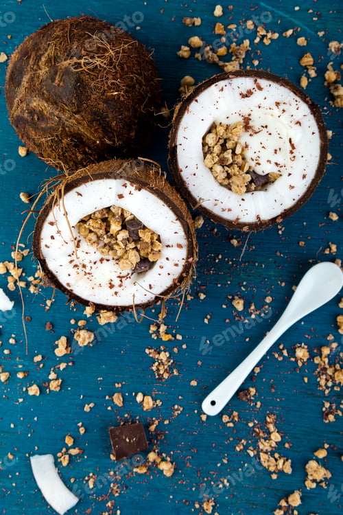 Preview: Healthy breakfast in coconut bowl.