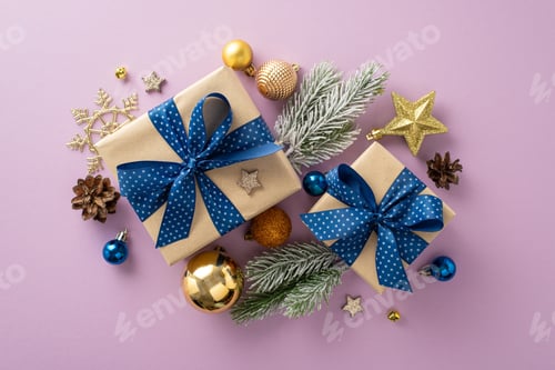 Visualização: Fantasia de Natal: perspectiva de cima de encantadoras caixas de presente, bugigangas reluzentes