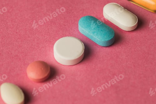 Preview: Closeup of pills arranged on a pink surface