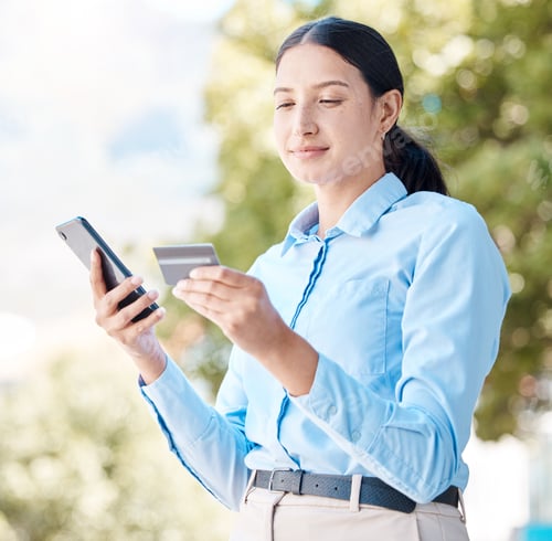 Preview: Credit card, finance and mobile with woman and phone payment for ecommerce, online shopping or fint