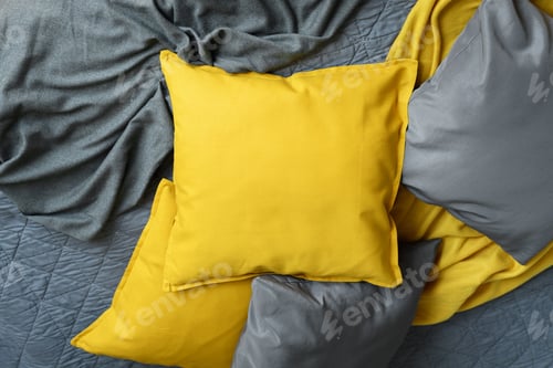 Preview: Cushions in two trendy colors of 2021 year illuminating ultimate gray pile on bed Modern interior