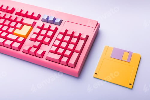 Preview: Floppy disks and keyboard on bright colored backgrounds.