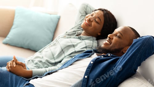 Preview: Domestic Comfort. Portrait Of Happy African American Spouses Resting On Sofa Together