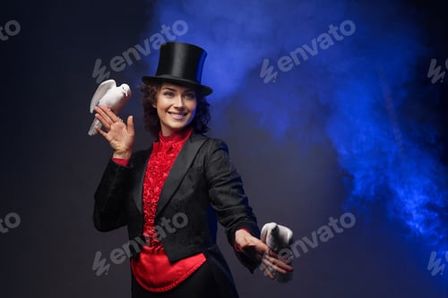 Preview: Smiling magician woman in magical costume with white doves