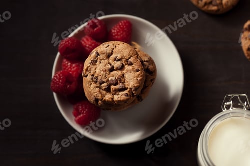 Preview: Top view of Chocolate chip cookies on white plate dark old wooden table with red raspberry