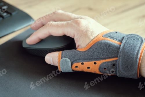 Preview: Male hand with a thumb brace. Fixing orthosis. Working with a computer mouse.