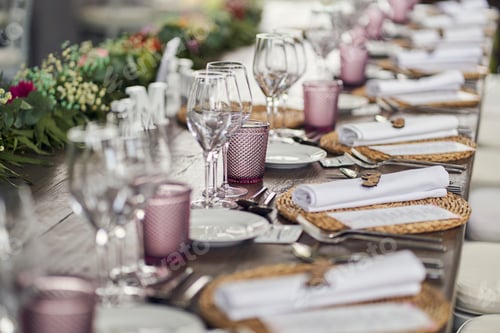 Preview: table set for a wedding banquet