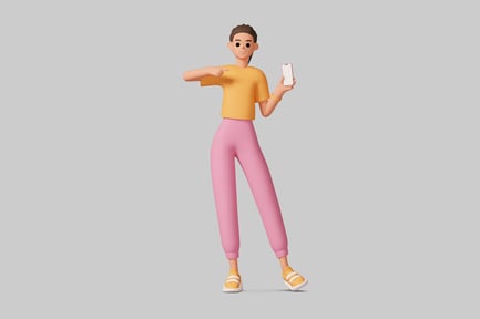 Preview: A young person in a cartoon style points to a white cell phone.