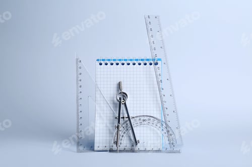 Preview: Triangle, notebook, protractor and compass on white background