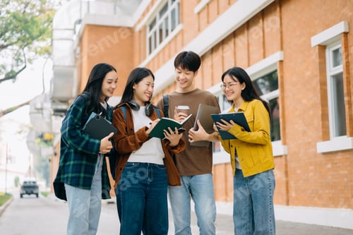 Preview: Young people college students is reading a book while relaxing sitting on grass in a campus park