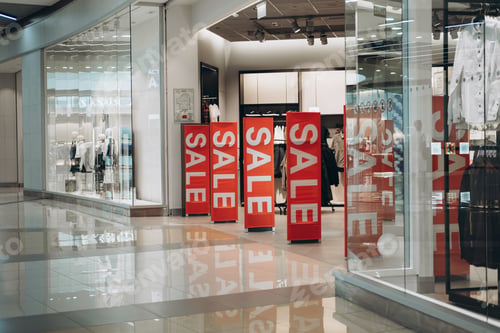 Preview: Red banners SALE on anti-thieft gate sensor at clothing store entrance. Black friday sale