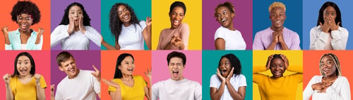 Preview: Set of cool multiracial millennials grimacing on diverse backgrounds