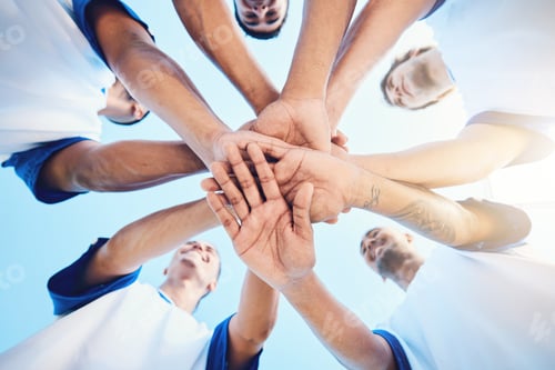 Preview: Sports, circle and football team with their hands together for motivation, empowerment or unity. Fi