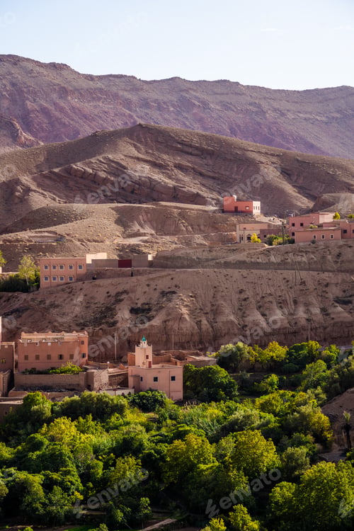 Preview: Nature, rocks, houses and mountains in Dades Gorge Morocco during sunset