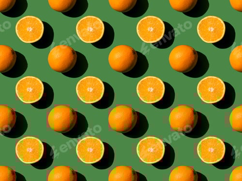 Preview: top view of ripe fresh whole and halved oranges on green