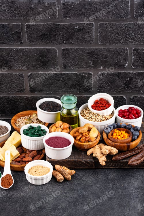 Preview: Various superfoods and healthy food supplement